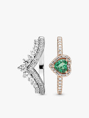 Green Heart Princess Wishbone Stacking Ring Set 2 Quantity