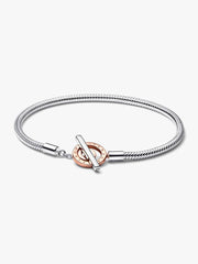 FINAL SALE - Pandora Moments Two-tone Logo T-Bar Snake Chain Bracelet Sterling silver, 14k rose gold plating