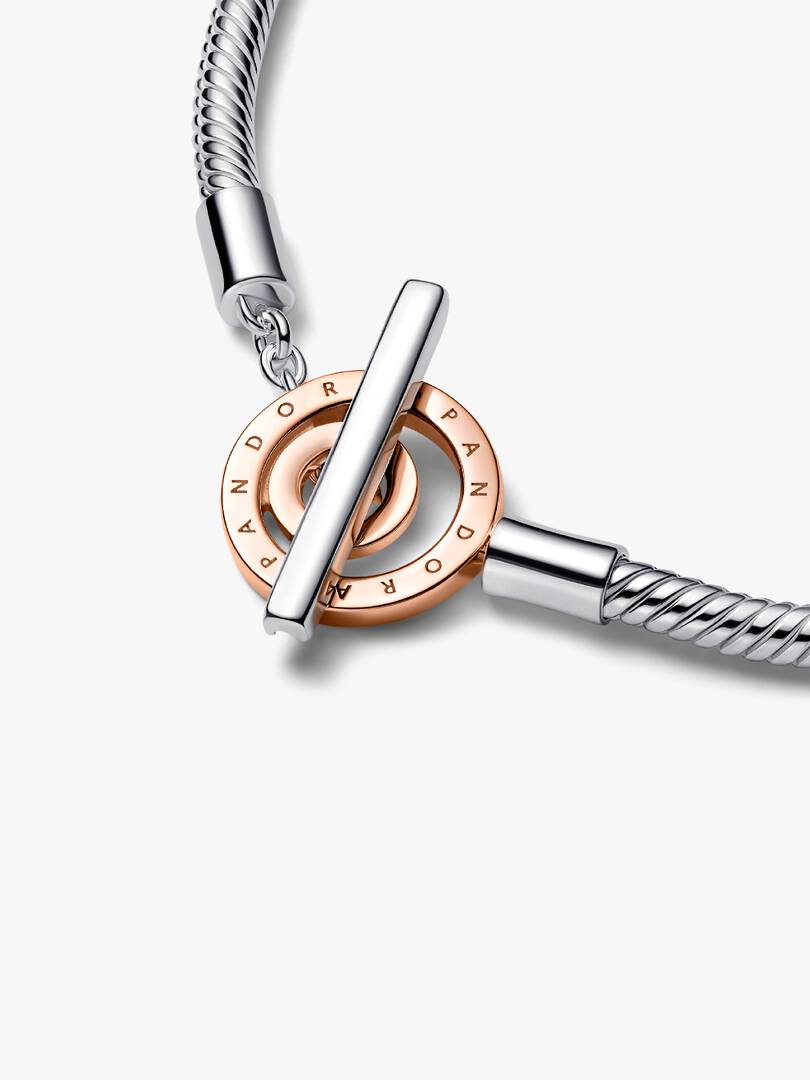 FINAL SALE - Pandora Moments Two-tone Logo T-Bar Snake Chain Bracelet Sterling silver, 14k rose gold plating