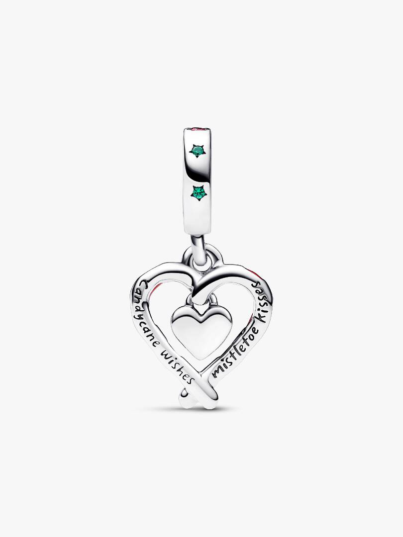 Double Candy Cane Heart Christmas Dangle Charm Sterling silver