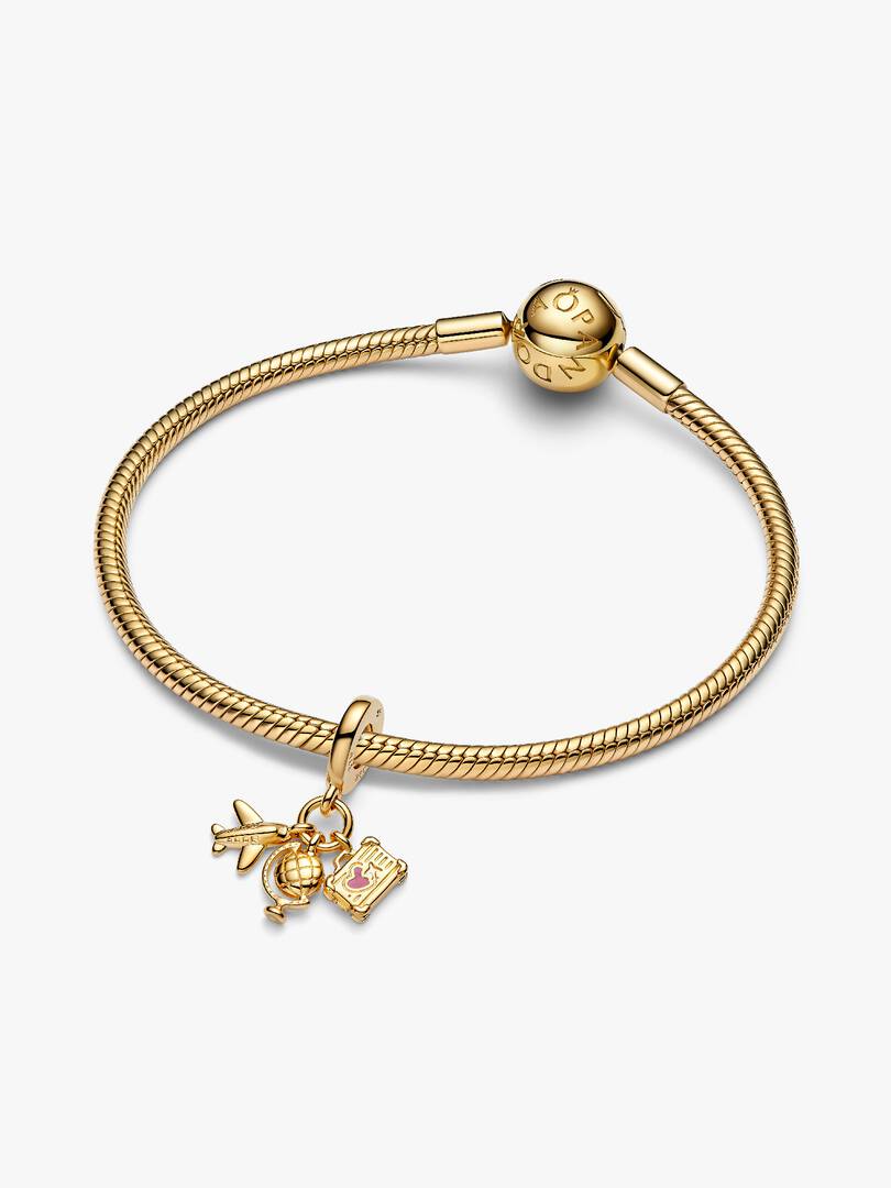 Airplane, Globe & Suitcase Triple Dangle Charm 14k gold plating