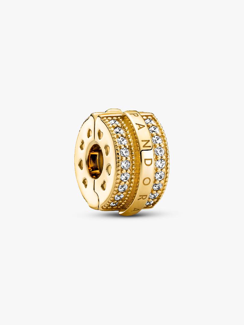 Sparkling Pavé Lines & Logo Clip Charm 14k gold plating