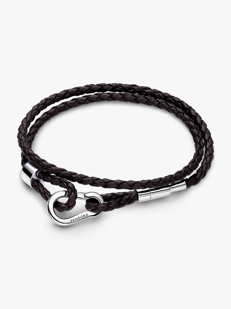 Pandora Moments Brown Braided Double Leather Bracelet Sterling silver