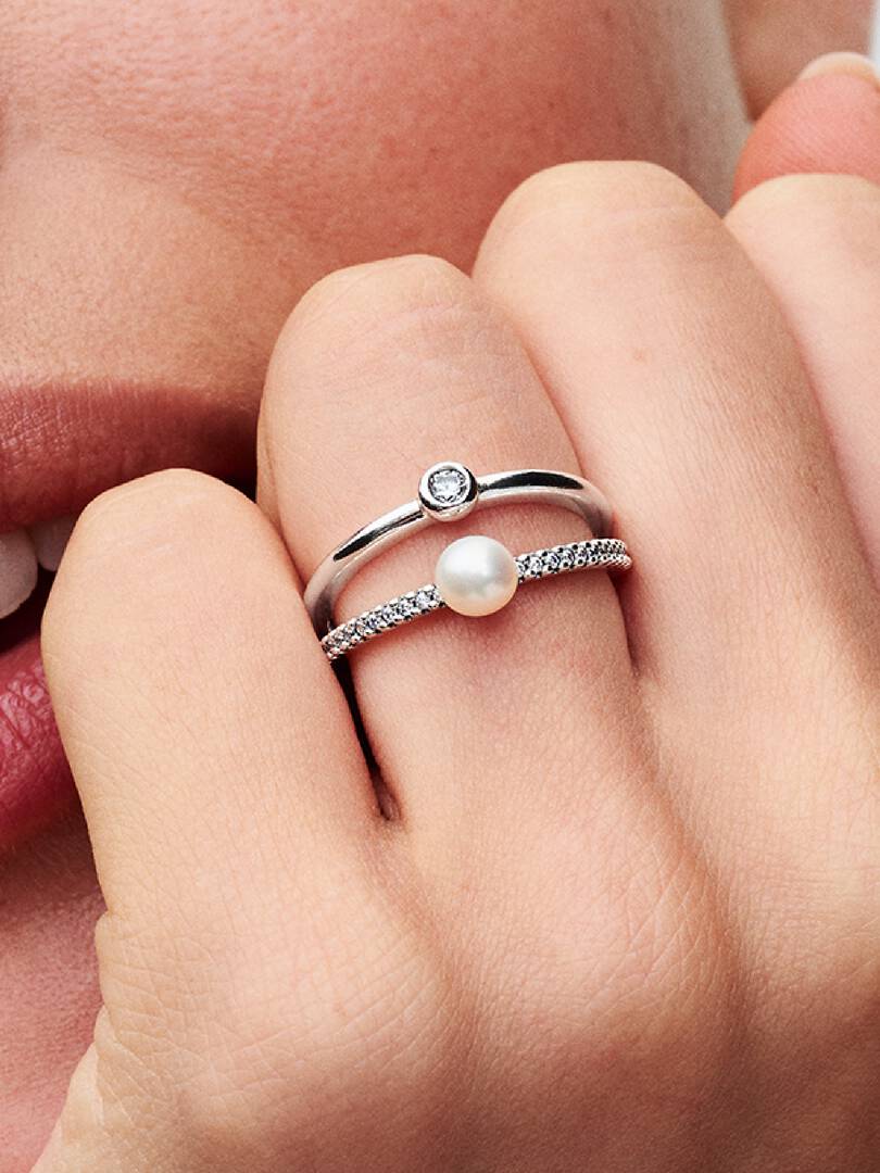 FINAL SALE - Treated Freshwater Cultured Pearl & Pavé Double Band Ring Sterling silver