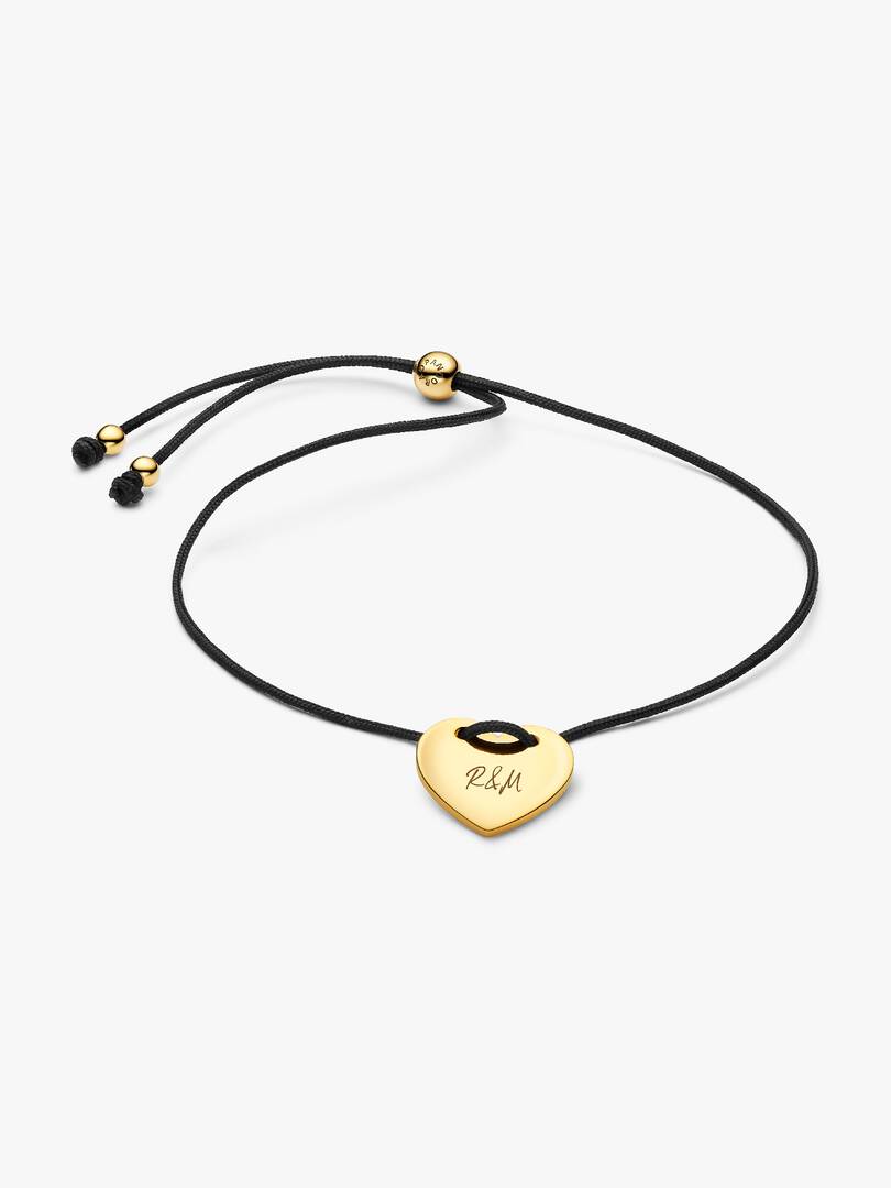 Engravable Heart Black Cord Slider Bracelet 14k gold plating