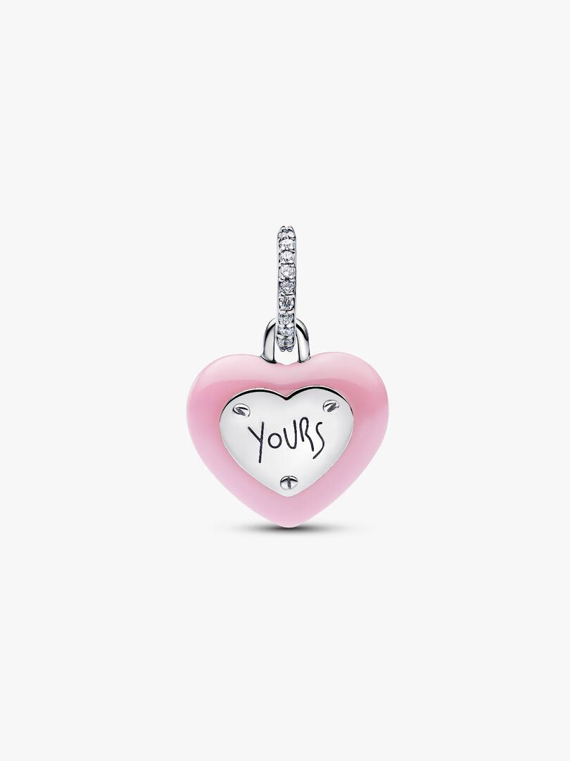 Pink Ceramic Heart Padlock Dangle Charm Sterling silver
