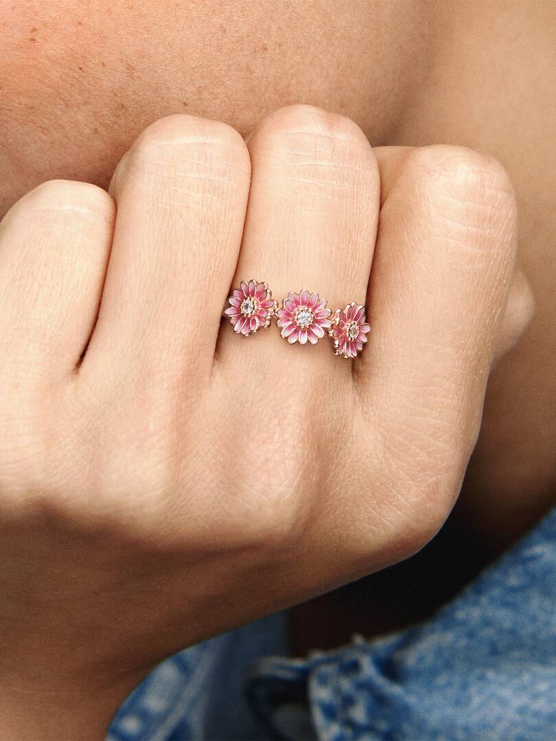 FINAL SALE - Pink Daisy Flower Trio Ring 14k rose gold plating