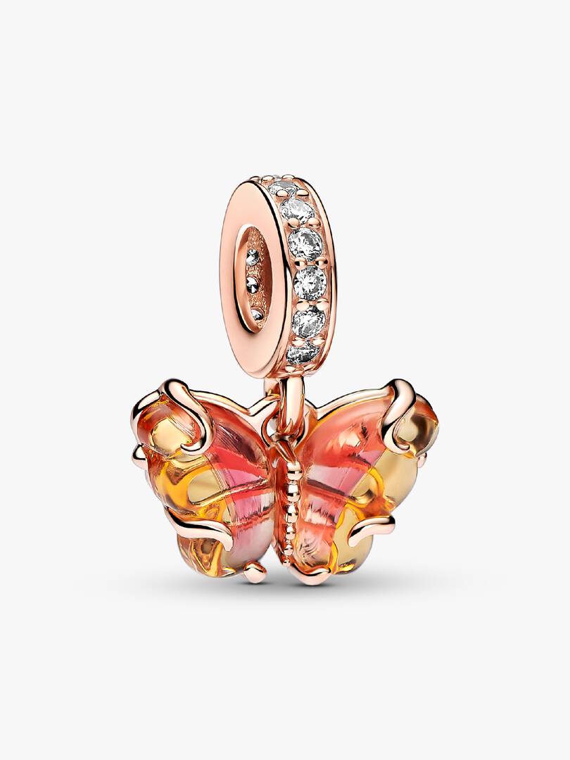 Pink & Yellow Murano Glass Butterfly Dangle Charm 14k rose gold plating