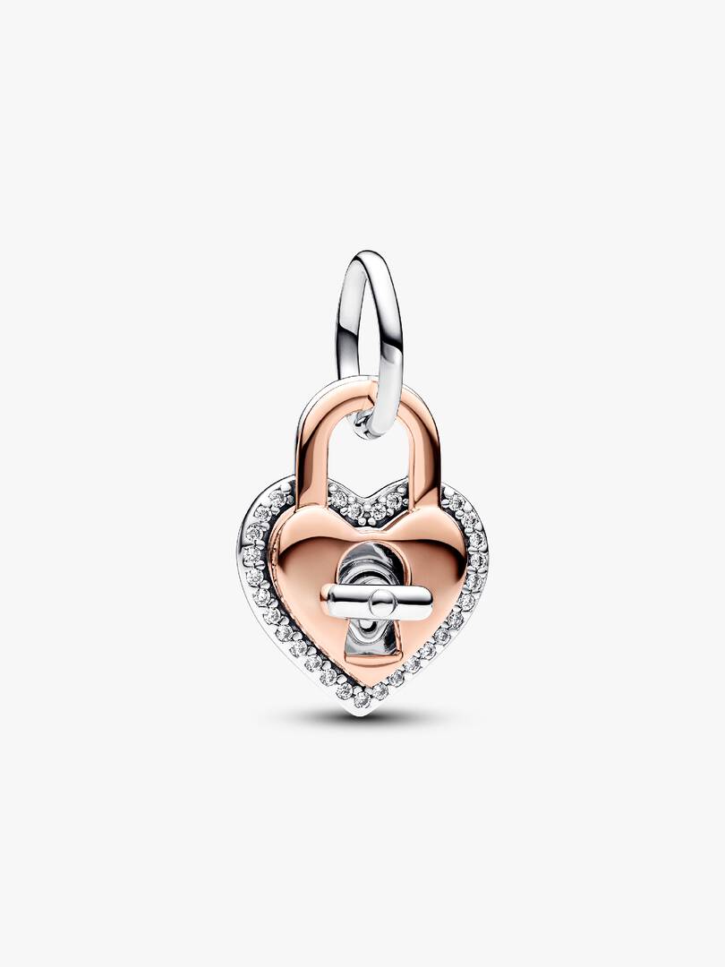 FINAL SALE - Two-tone Twistable Heart Padlock Double Dangle Charm Sterling silver, 14k rose gold plating