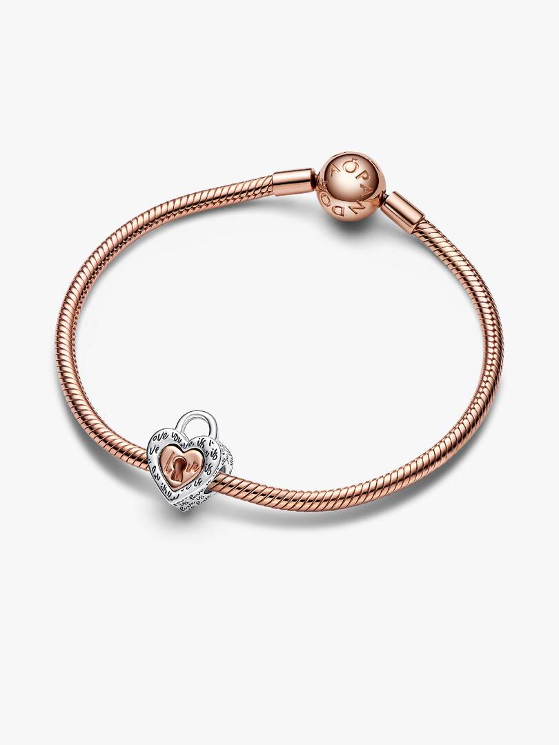 FINAL SALE - Two-tone Padlock Splittable Heart Charm Sterling silver, 14k rose gold plating