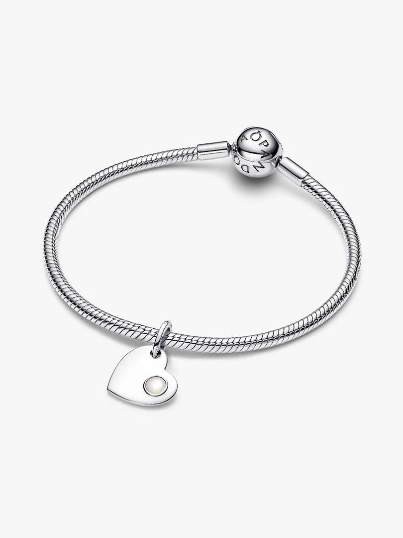 June Engravable Heart White Stone Dangle Charm Sterling silver