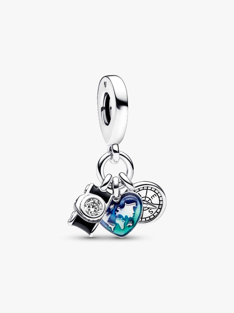 Camera, Heart & Compass Triple Dangle Charm Sterling silver