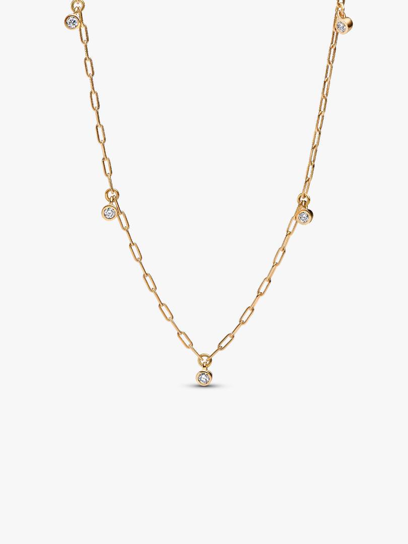 Pandora Era Bezel Lab-Grown Diamond Dangle Station Paperclip Chain Necklace 0.13 ct TW, 14k gold