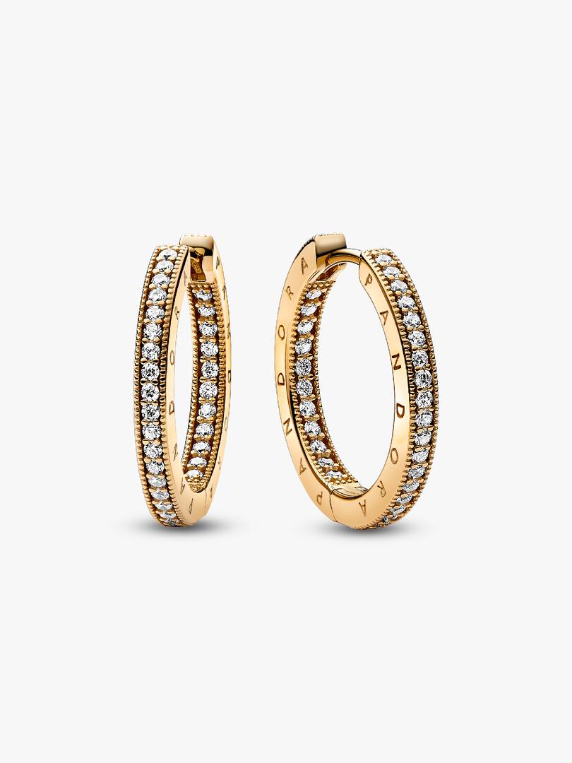 Pandora Signature Logo & Pavé Hoop Earrings 14k gold plating