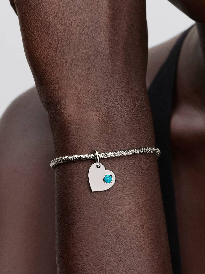 December Engravable Turquoise Blue Stone Heart Dangle Charm Sterling silver