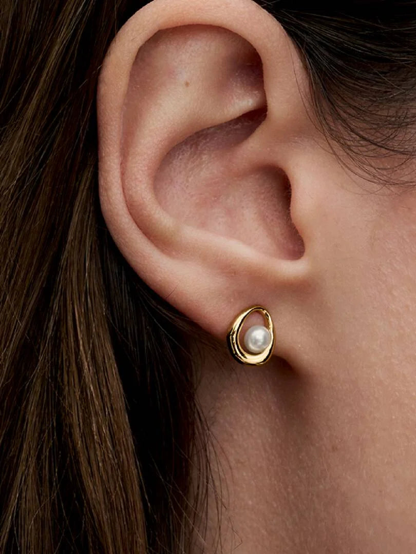 Organically Shaped Oval & Treated Freshwater Cultured Pearl Stud Earrings 14k gold plating