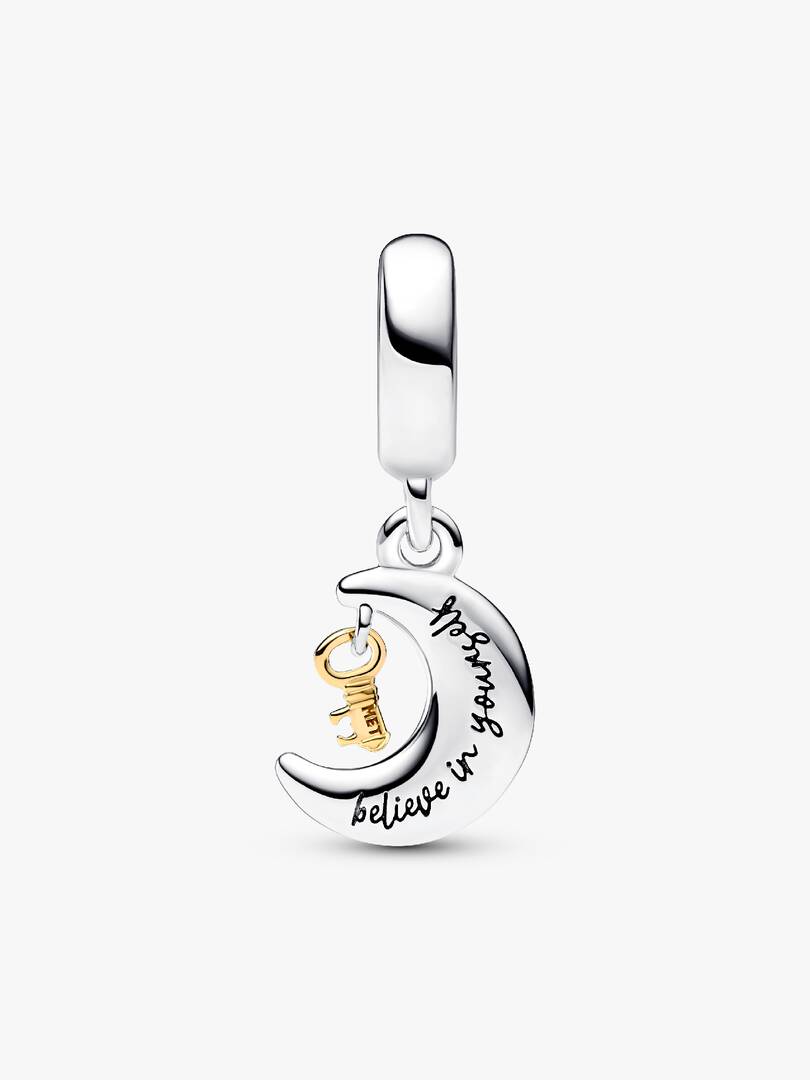 FINAL SALE - Two-tone Key & Moon Dangle Charm Sterling silver, 14k gold plating