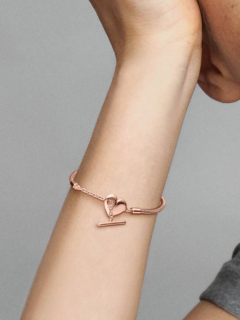 Pandora Moments Heart T-Bar Snake Chain Bracelet 14k rose gold plating