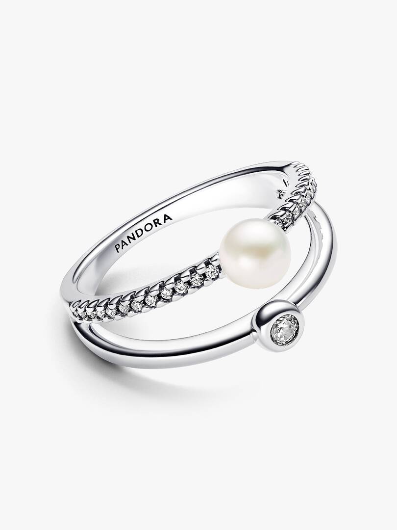 FINAL SALE - Treated Freshwater Cultured Pearl & Pavé Double Band Ring Sterling silver
