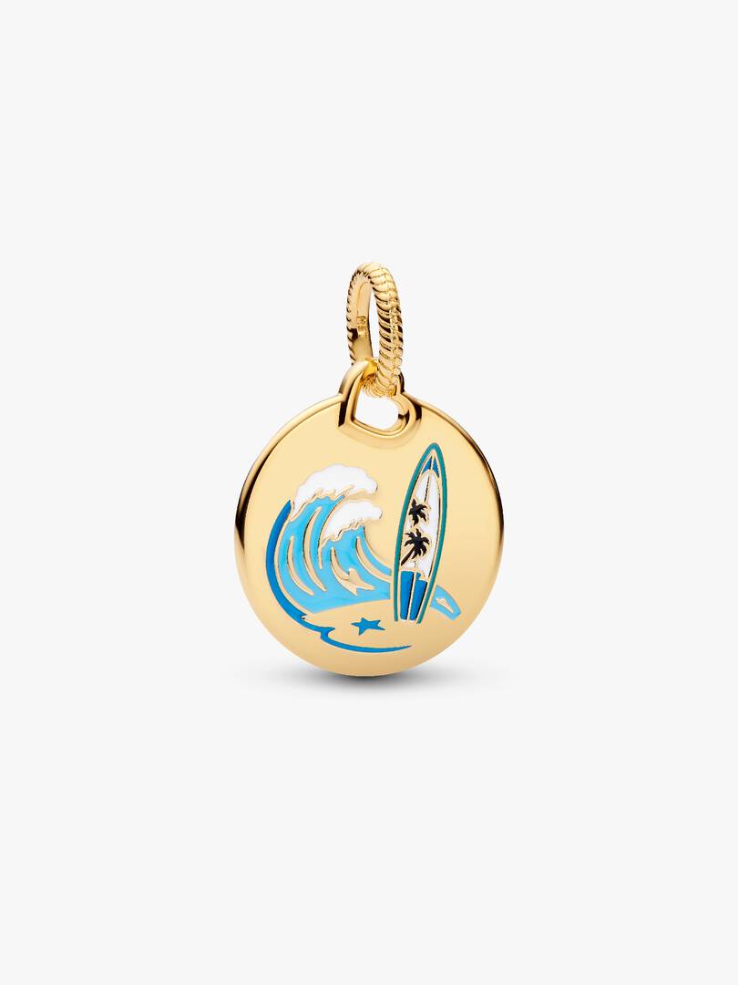 Surfing Round Tag Dangle Charm 14k gold plating