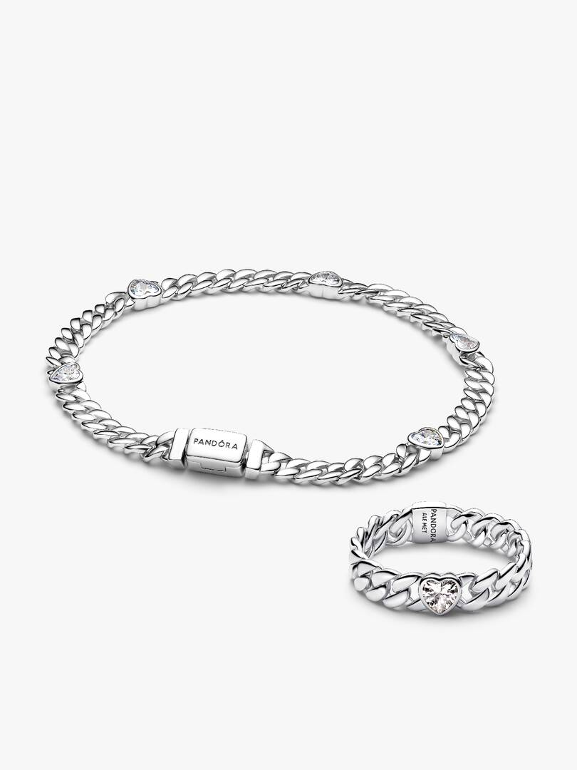 Silver Heart Cuban Chain Bracelet & Ring Set 2 Quantity