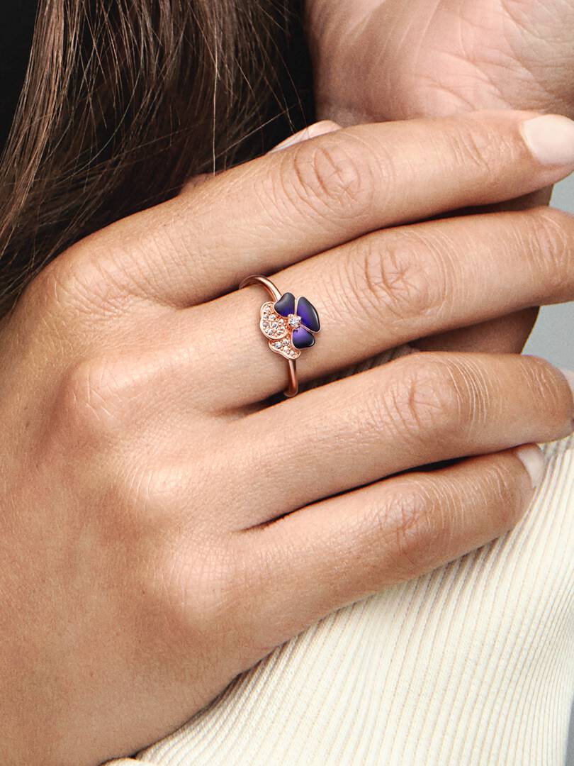 FINAL SALE - Deep Purple Pansy Flower Ring 14k rose gold plating