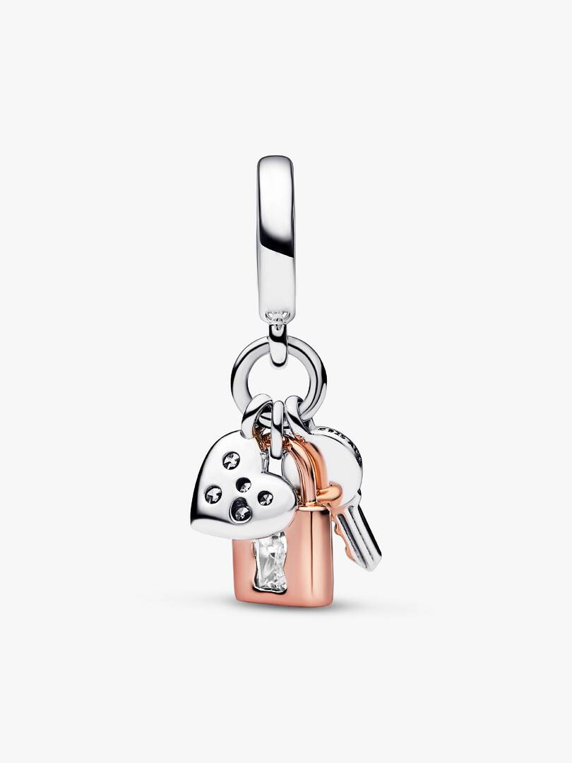 Two-tone Key, Padlock & Heart Triple Dangle Charm Sterling silver, 14k rose gold plating