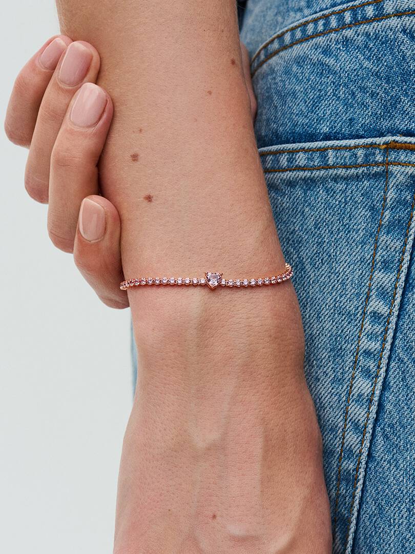 Sparkling Heart Tennis Bracelet 14k rose gold plating