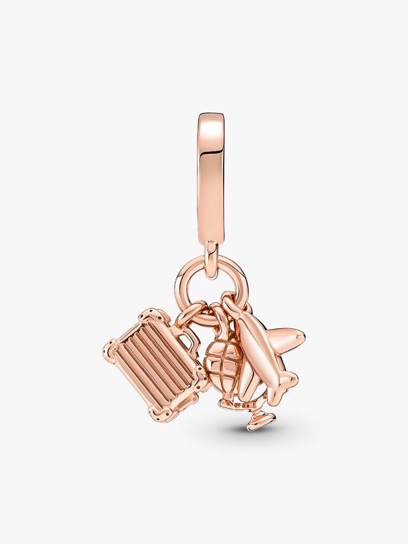 Airplane, Globe & Suitcase Triple Dangle Charm 14k rose gold plating