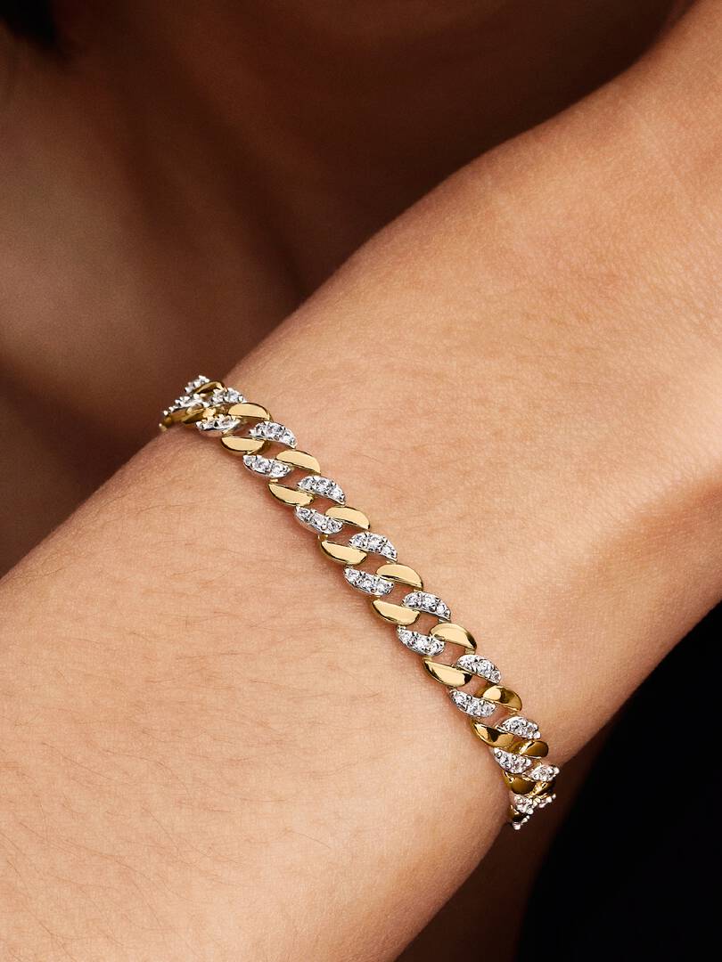 Two-tone Pavé Cuban Chain Bracelet Sterling silver, 14k gold plating