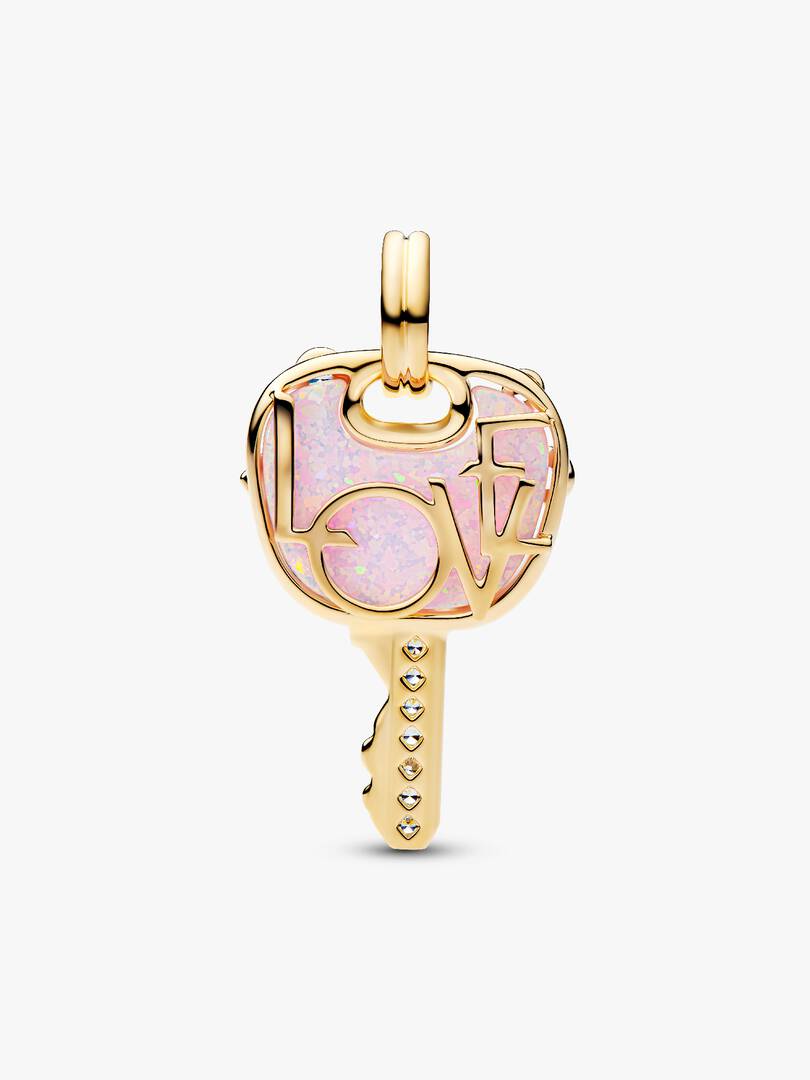 Opalescent Pink Love Key Large Dangle Charm 14k gold plating