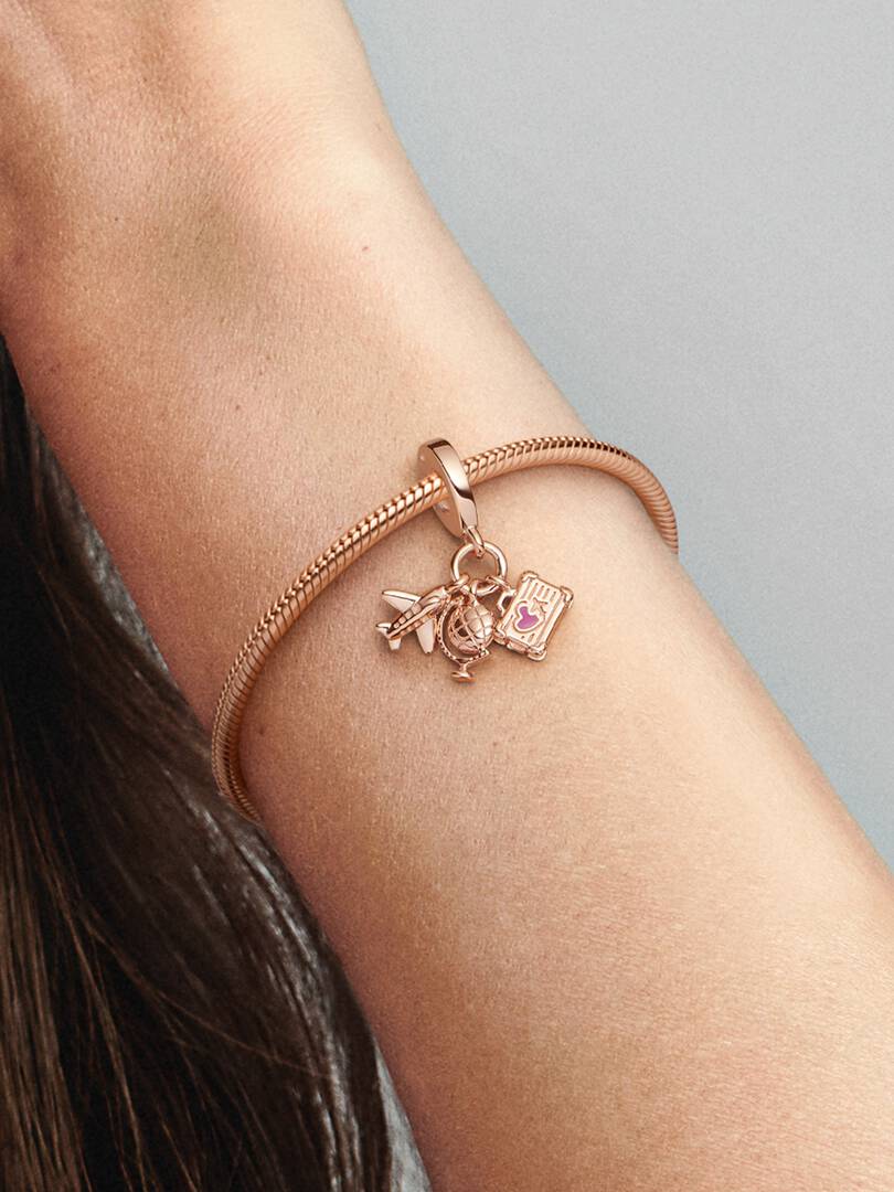 Airplane, Globe & Suitcase Triple Dangle Charm 14k rose gold plating