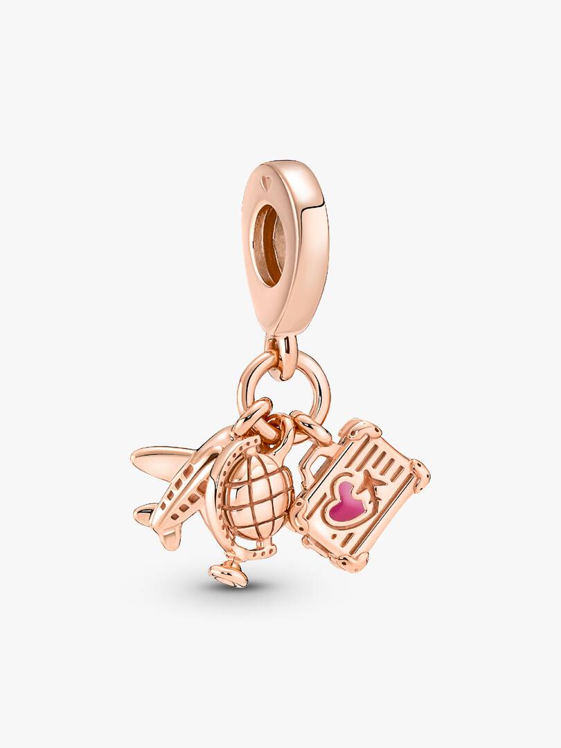 Airplane, Globe & Suitcase Triple Dangle Charm 14k rose gold plating
