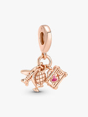 Airplane, Globe & Suitcase Triple Dangle Charm 14k rose gold plating