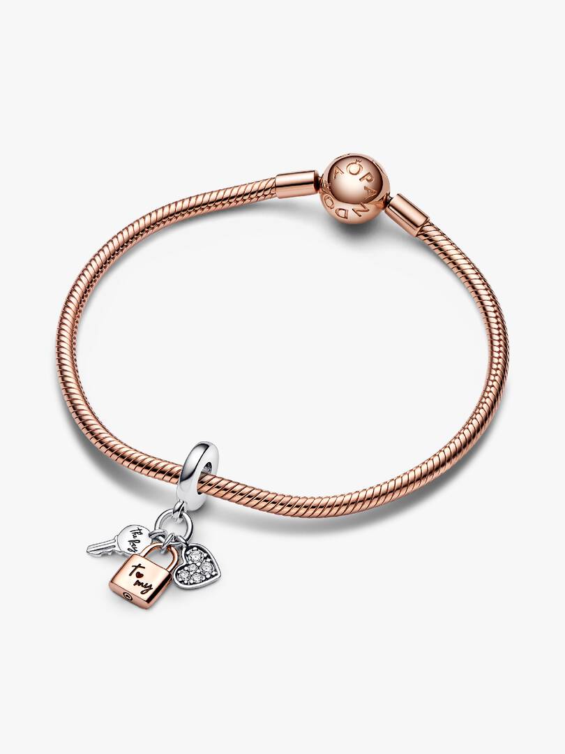 Two-tone Key, Padlock & Heart Triple Dangle Charm Sterling silver, 14k rose gold plating