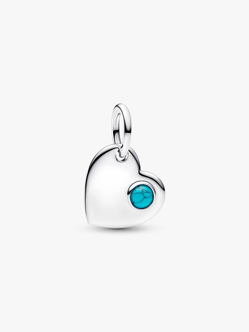 December Engravable Turquoise Blue Stone Heart Dangle Charm Sterling silver