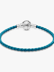 FINAL SALE - Pandora Moments Seashell Clasp Turquoise Braided Leather Bracelet Sterling silver