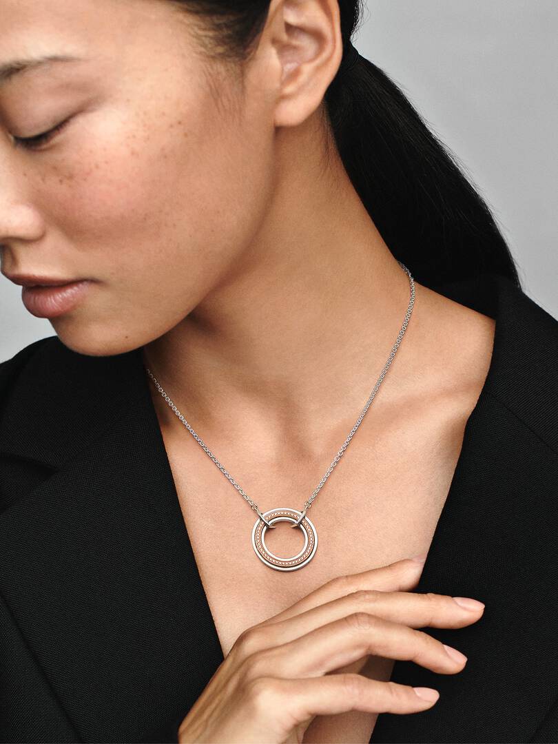 FINAL SALE - Pandora Signature Two tone Logo & Pavé Necklace Sterling silver, 14k rose gold plating