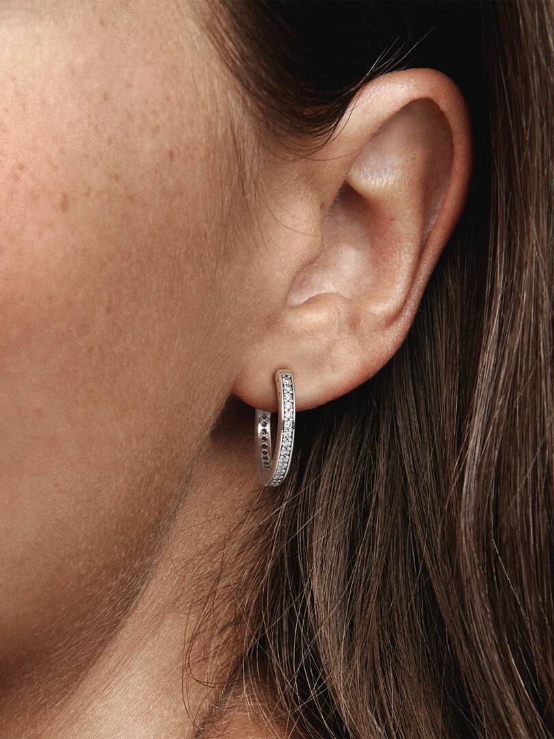 Sparkle and Pandora Logo Hoop Earrings Sterling silver