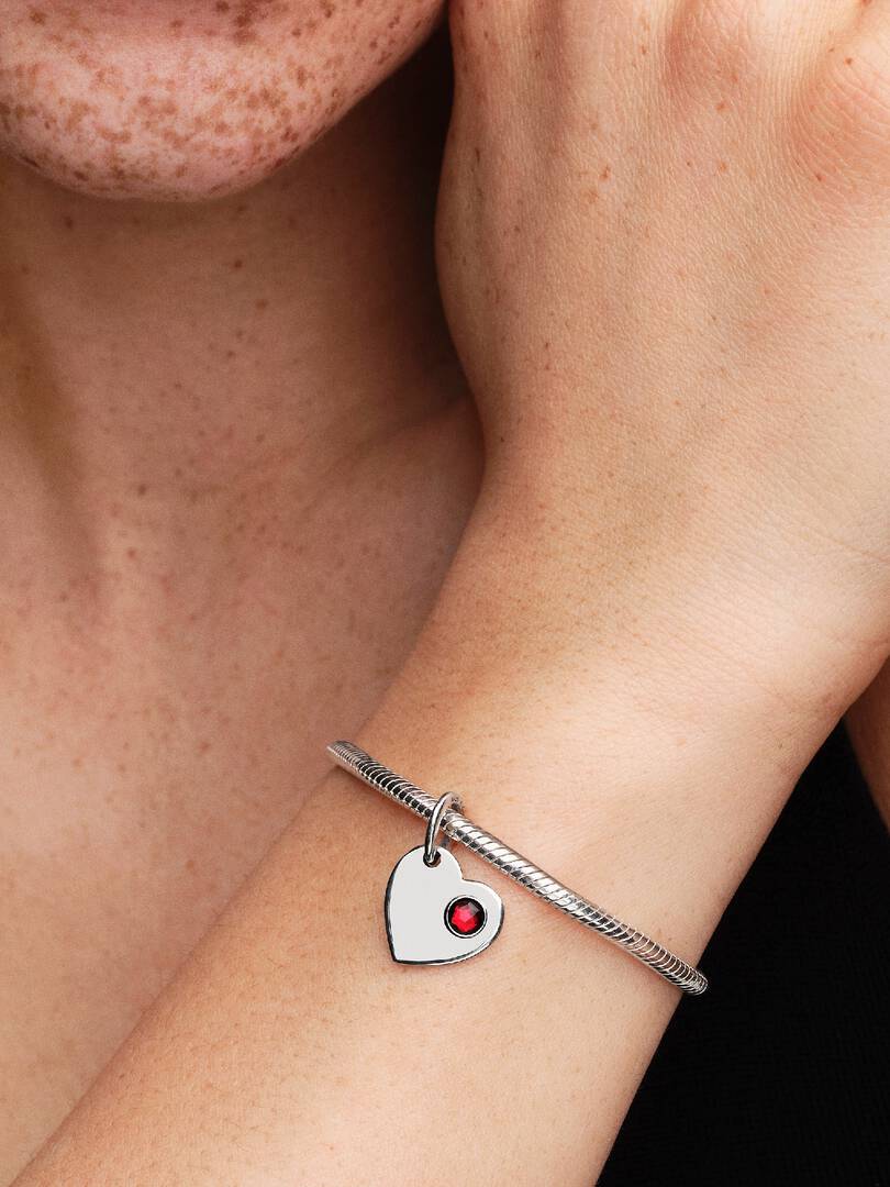 January Engravable Red Stone Heart Dangle Charm Sterling silver