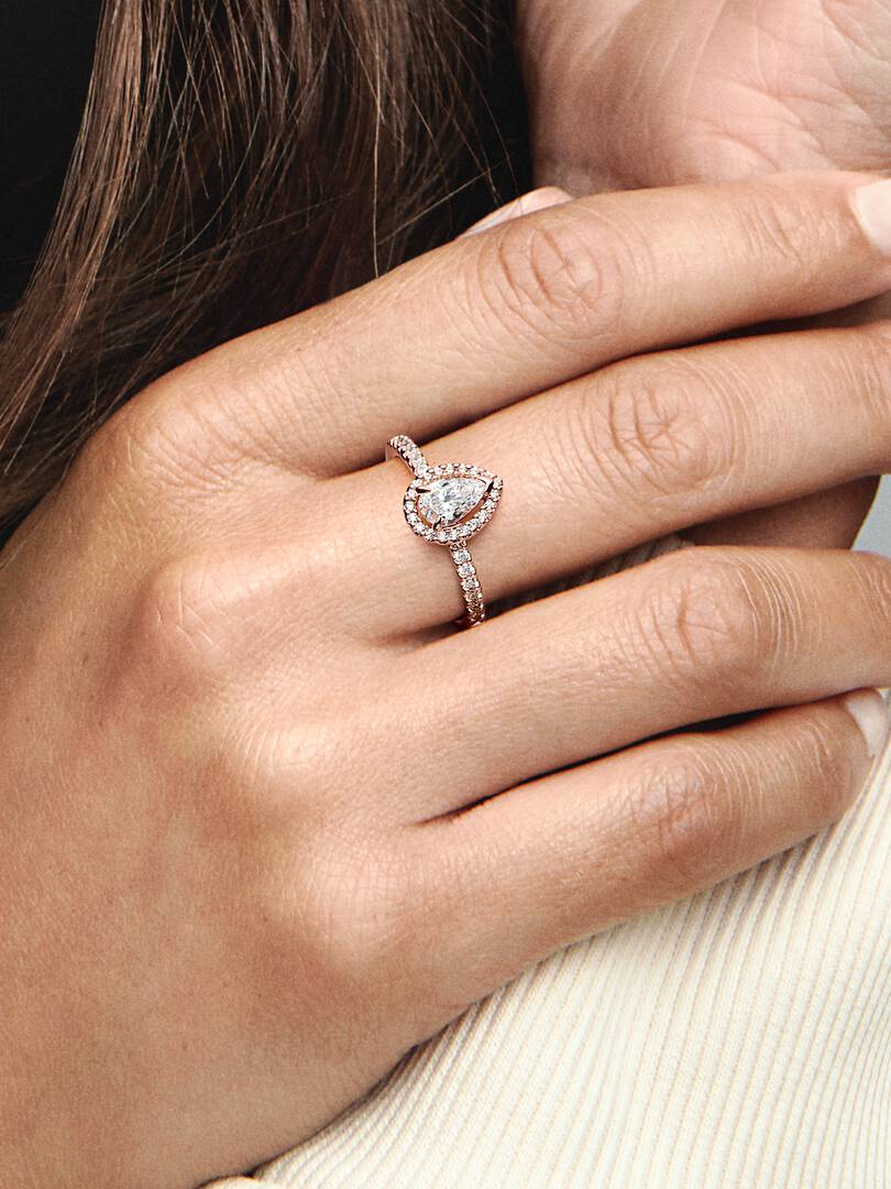 Sparkling Pear Halo Ring 14k rose gold plating