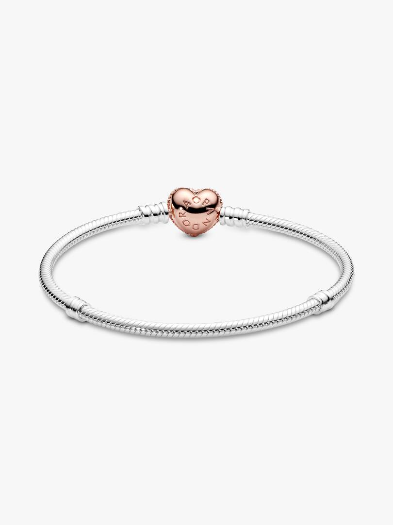 Pandora Moments Pavé Heart Clasp Snake Chain Bracelet Sterling silver, 14k rose gold plating