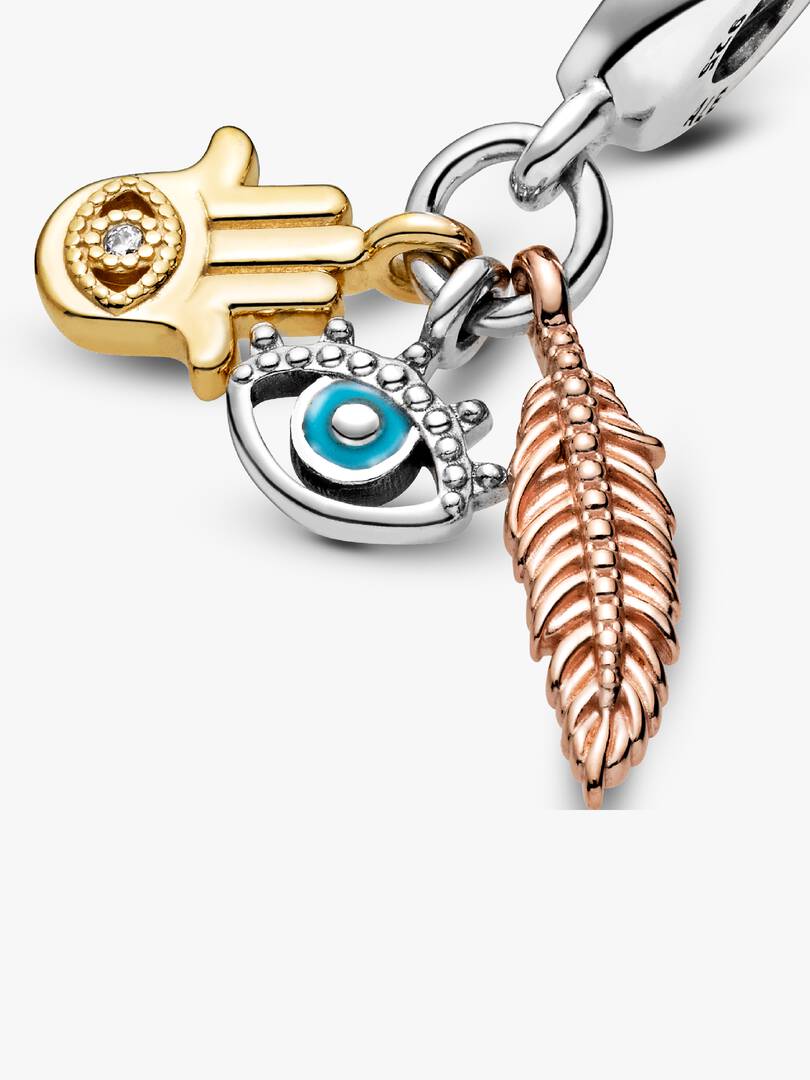 FINAL SALE - Hamsa, All-seeing Eye & Feather Spirituality Dangle Charm Sterling silver, 14k gold plating, 14k rose gold plating