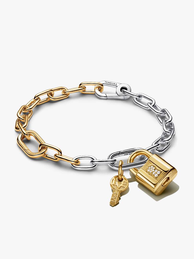 Two Tone Lock and Key Bracelet and Charm Set 2 Quantity