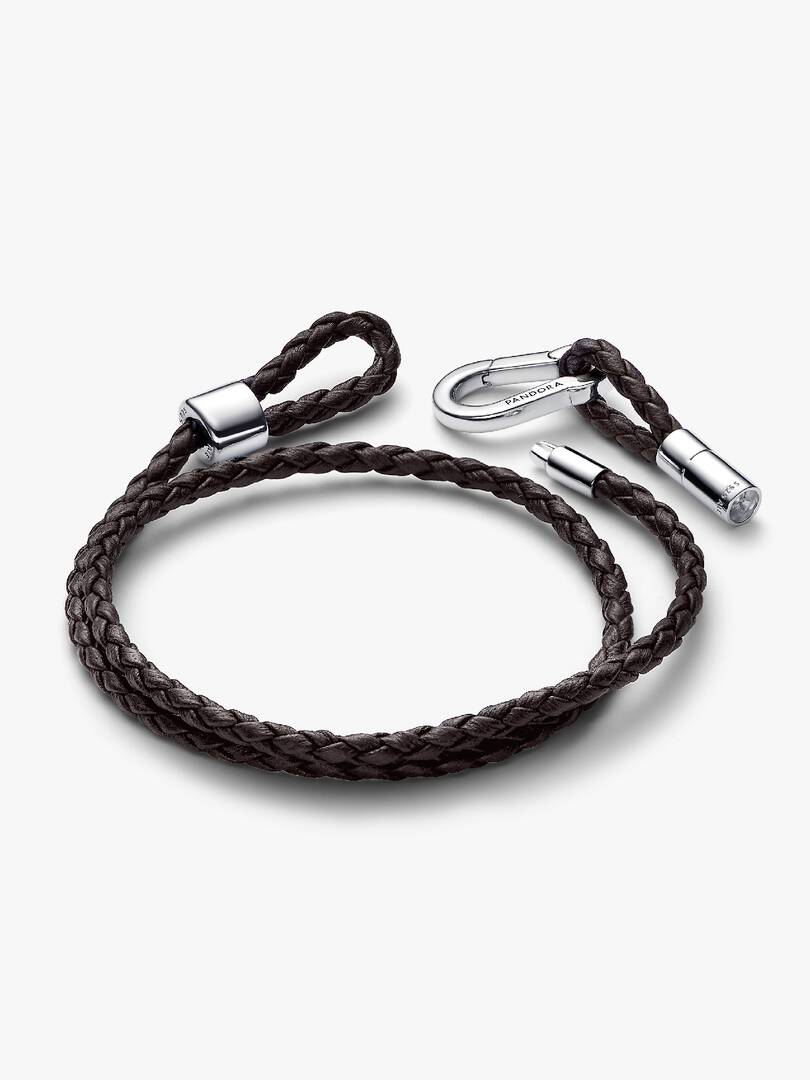 Pandora Moments Brown Braided Double Leather Bracelet Sterling silver