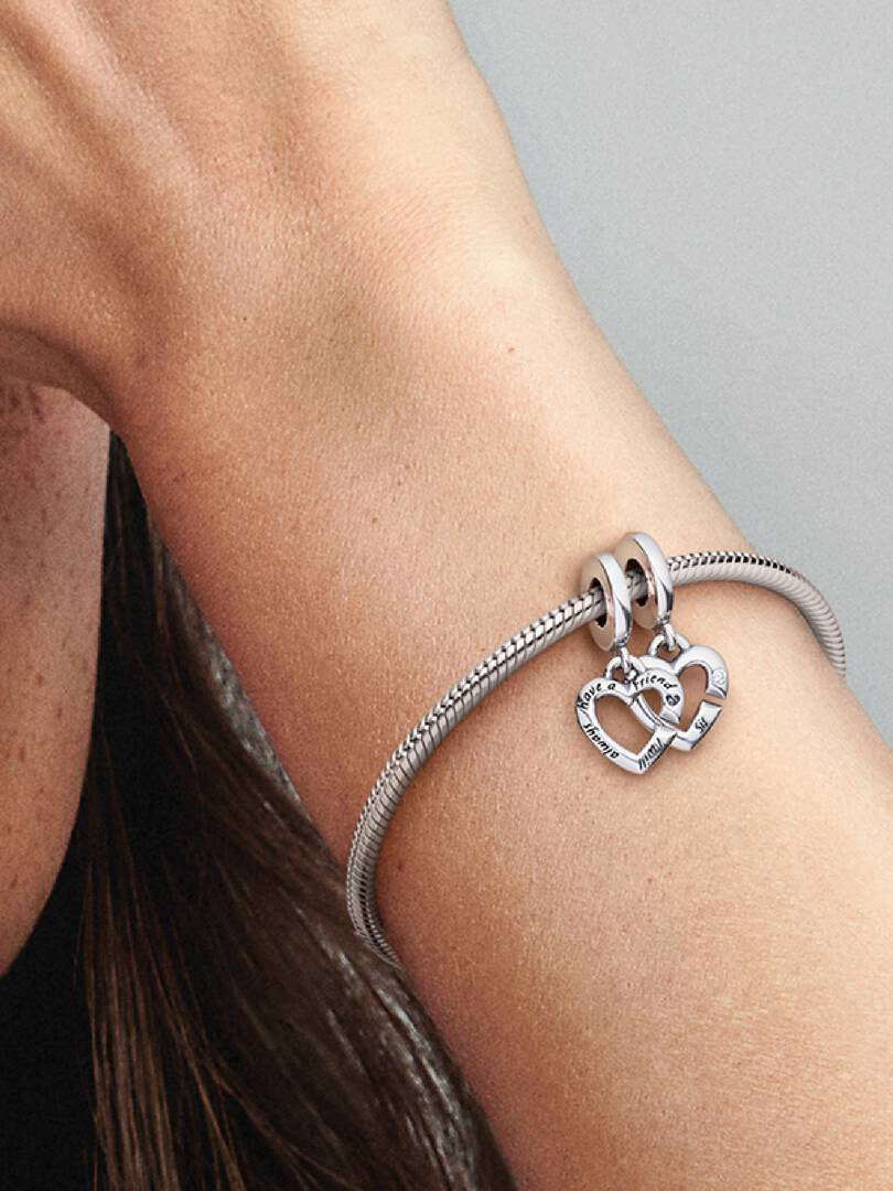 Linked Sister Hearts Split Dangle Charm Sterling silver