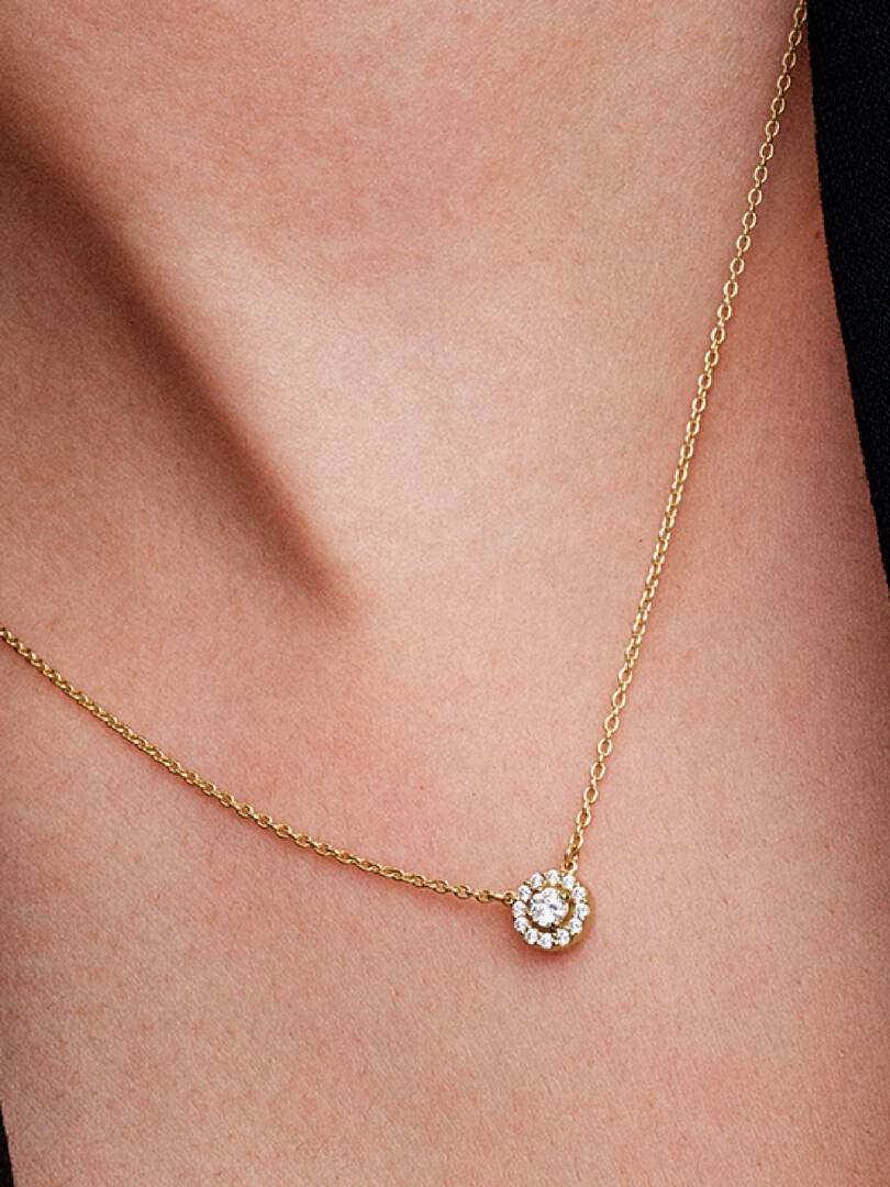 Round Pavé Halo Pendant Necklace 14k gold plating