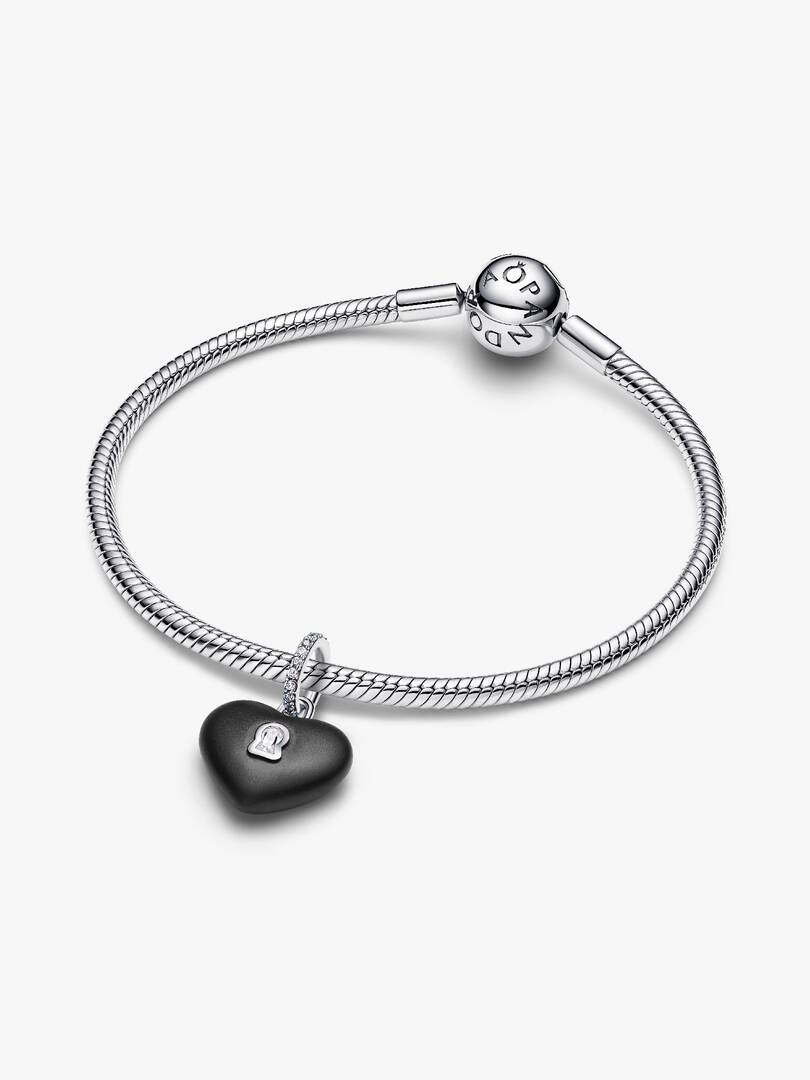 Matte Black Ceramic Heart Padlock Dangle Charm Sterling silver