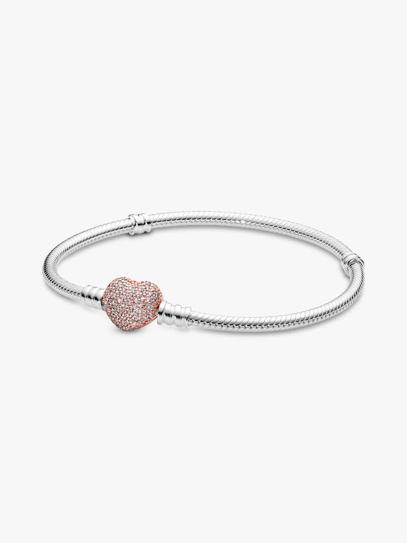 Pandora Moments Pavé Heart Clasp Snake Chain Bracelet Sterling silver, 14k rose gold plating