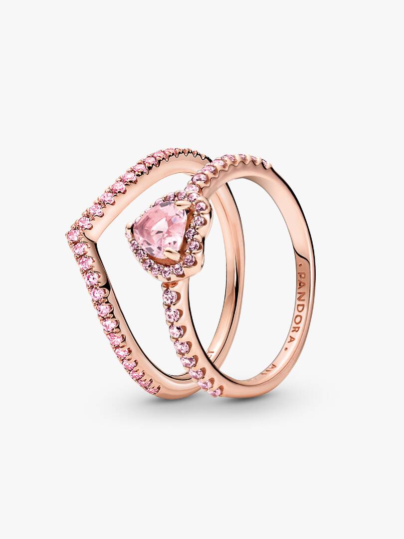 Sparkling Pink Heart Wishbone Ring Set 2 Quantity
